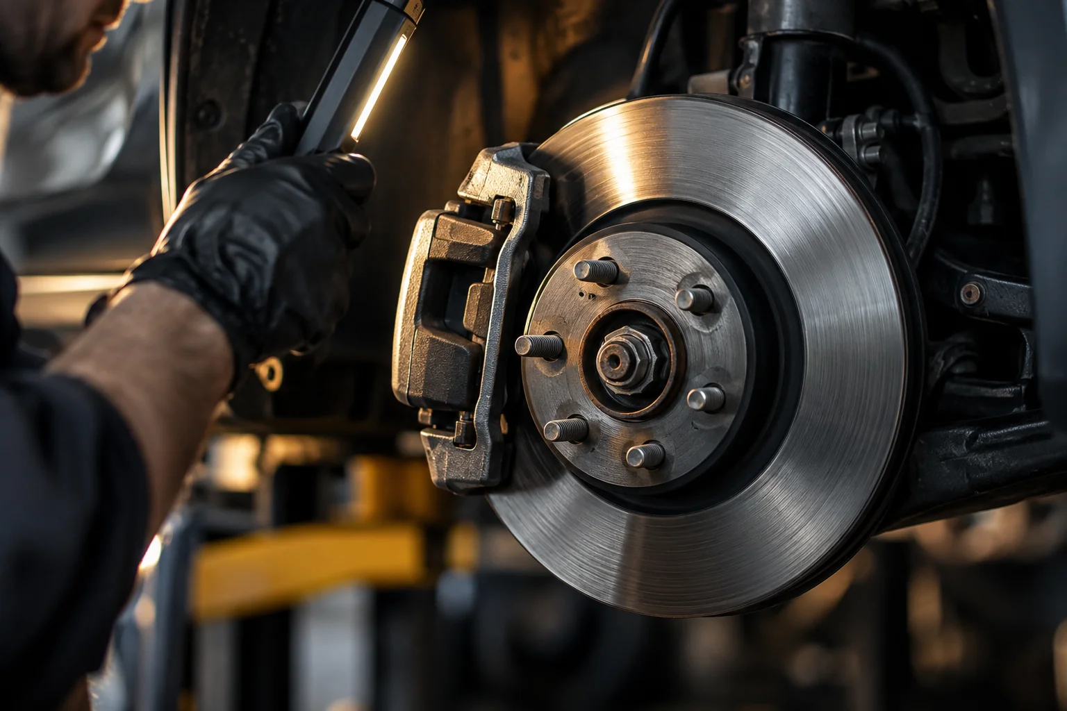Brake rotor and caliper inspected with the wheel removed