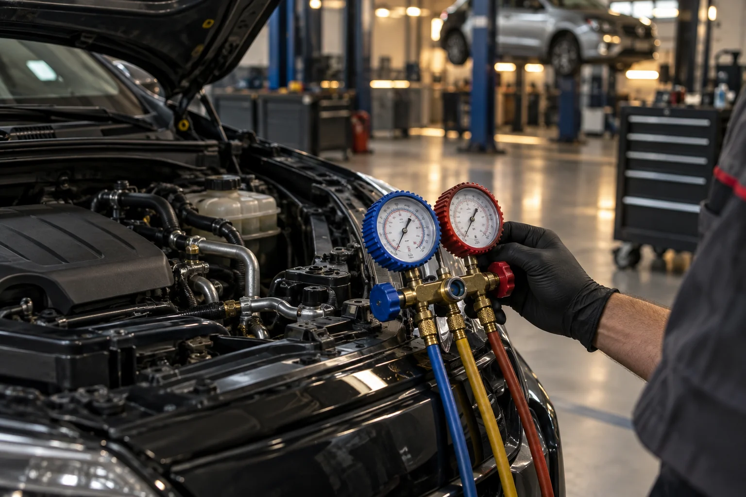 Technician checking automotive air-conditioning pressure gauges