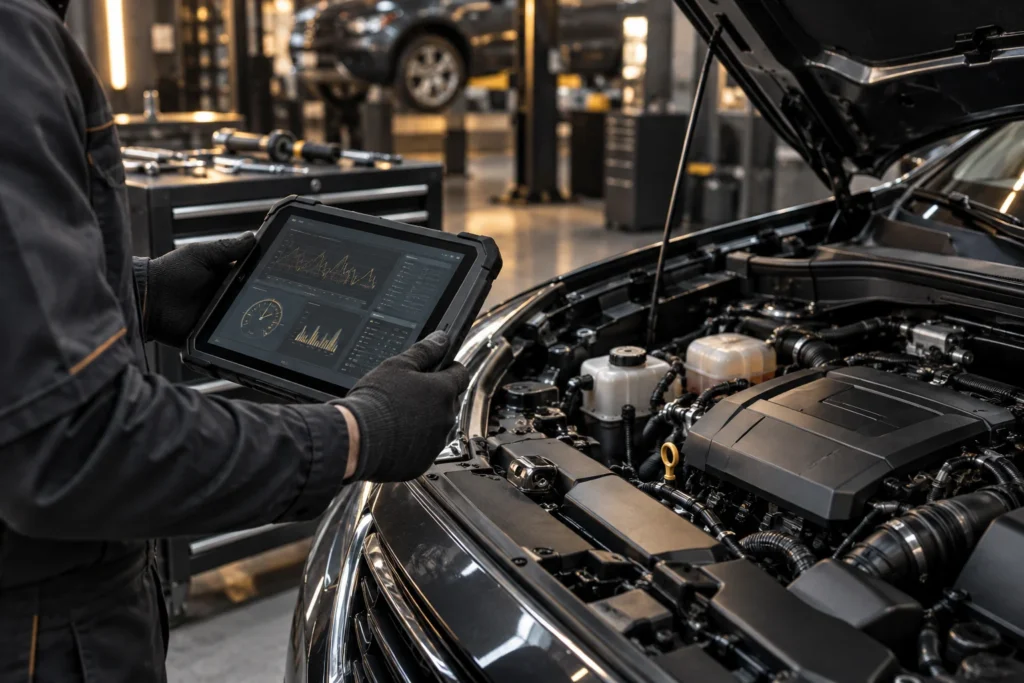 Technician using a diagnostic tablet beside an open engine bay