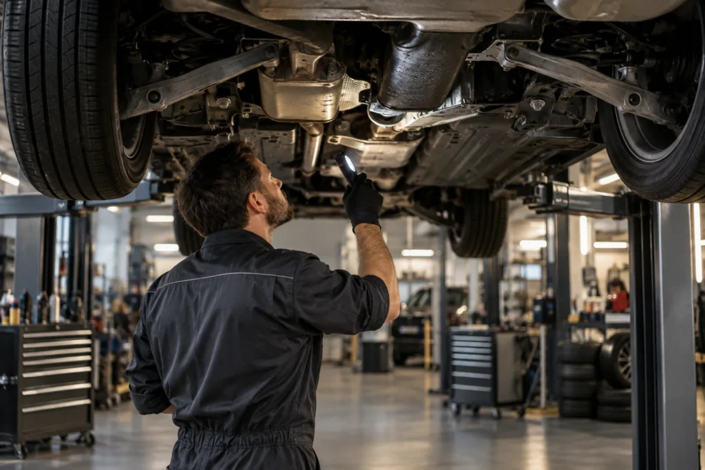 Technician inspecting the underside of a raised passenger vehicle