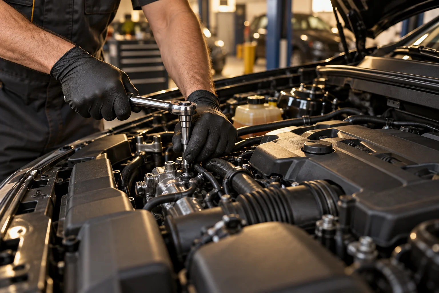 Mechanic using a ratchet during an engine repair