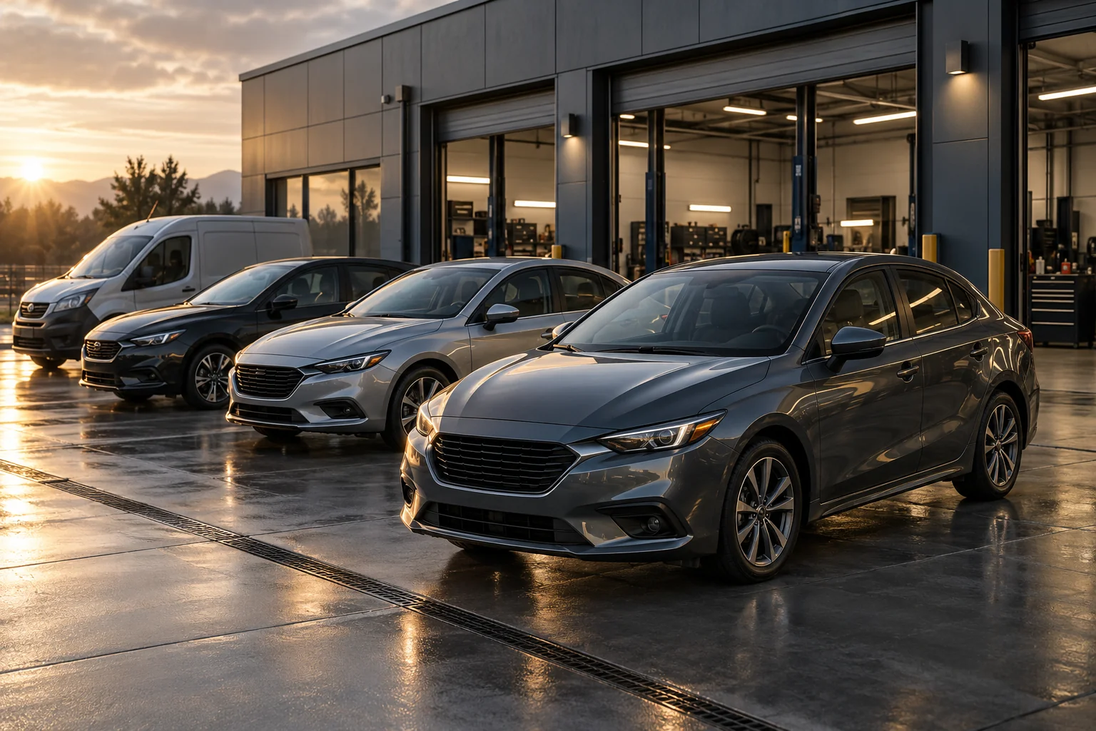 Passenger cars and a cargo van ready for fleet maintenance
