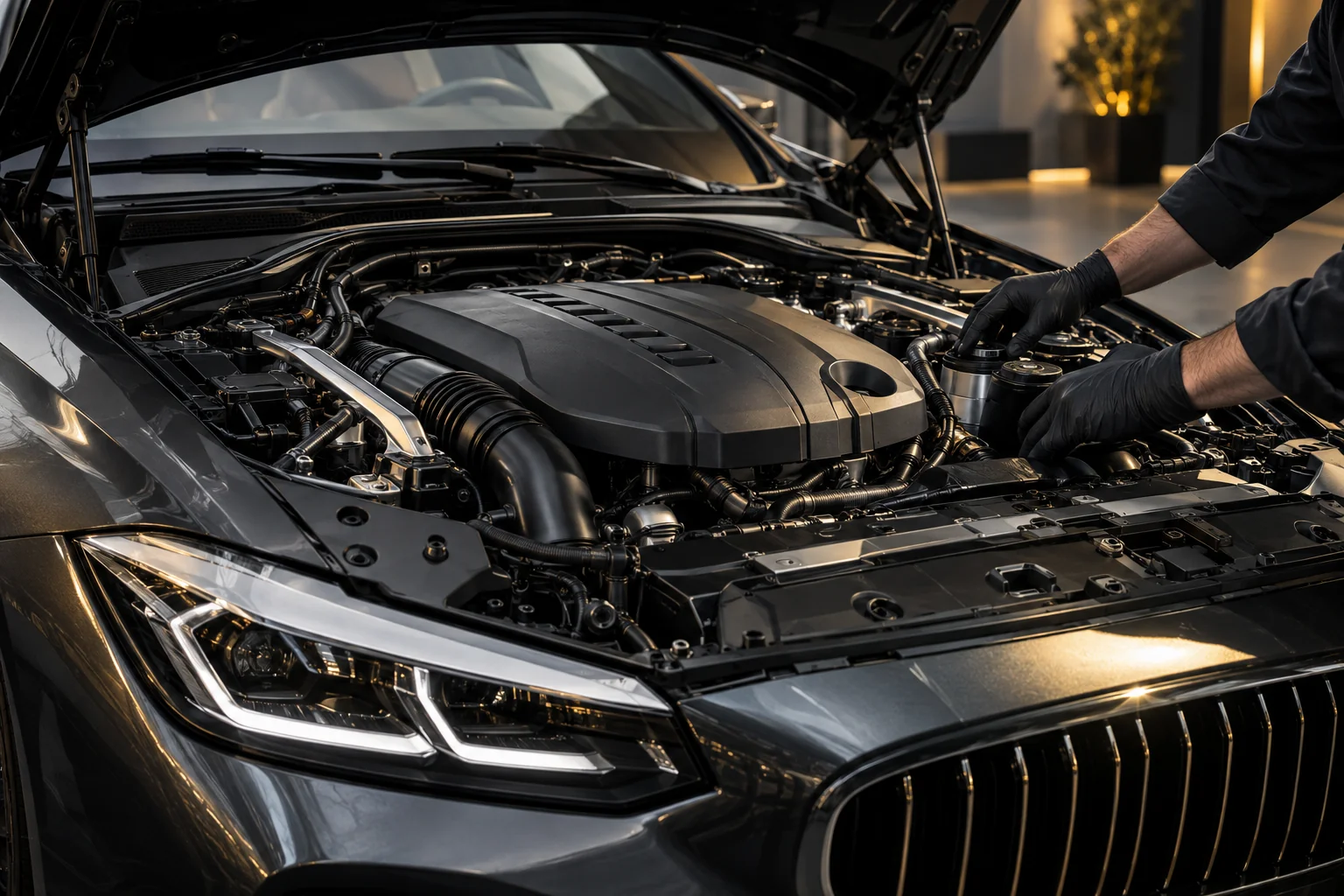 Technician inspecting the engine bay of a European sedan