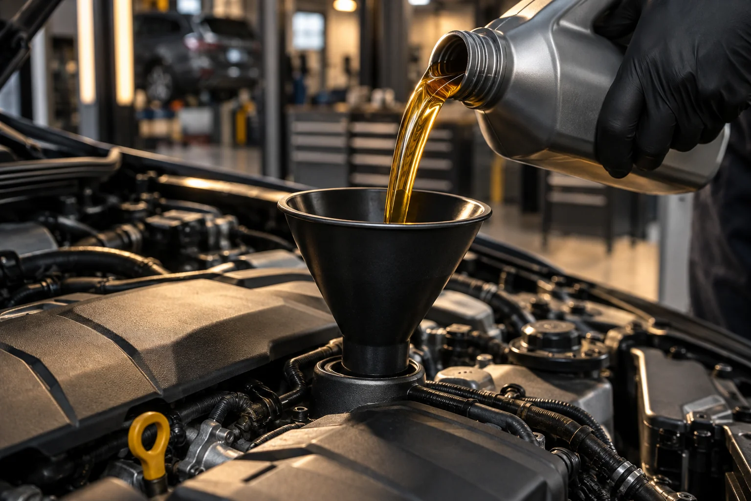 Fresh engine oil poured through a funnel into an engine
