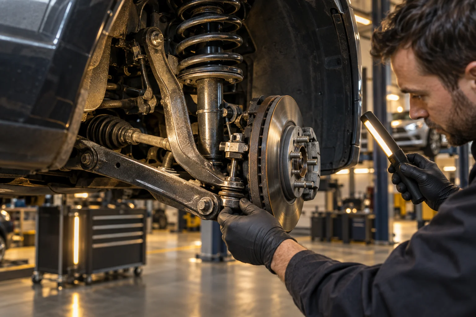 Technician inspecting a suspension joint with the wheel removed
