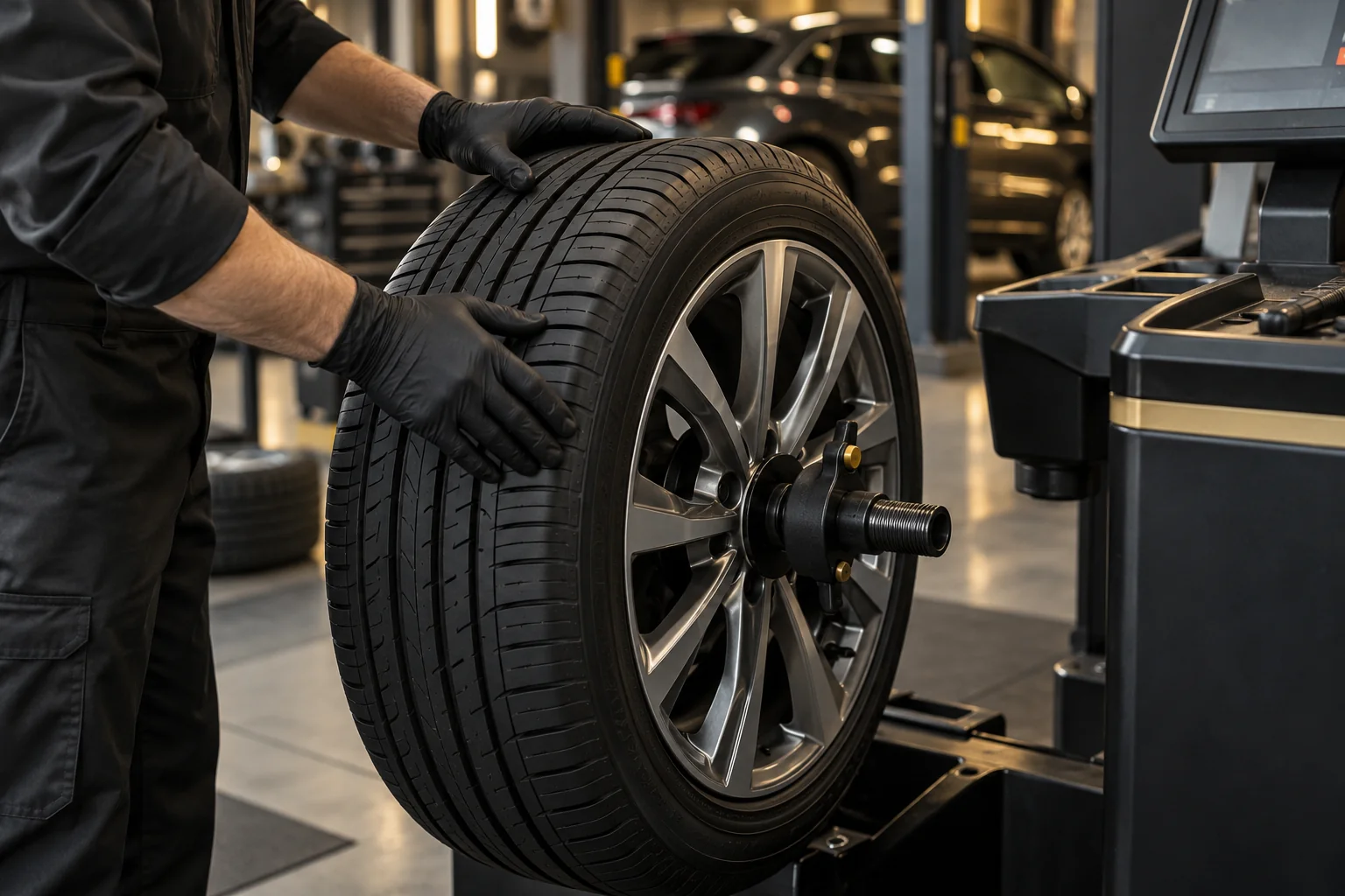 Technician checking a tire and alloy wheel on a balancing machine