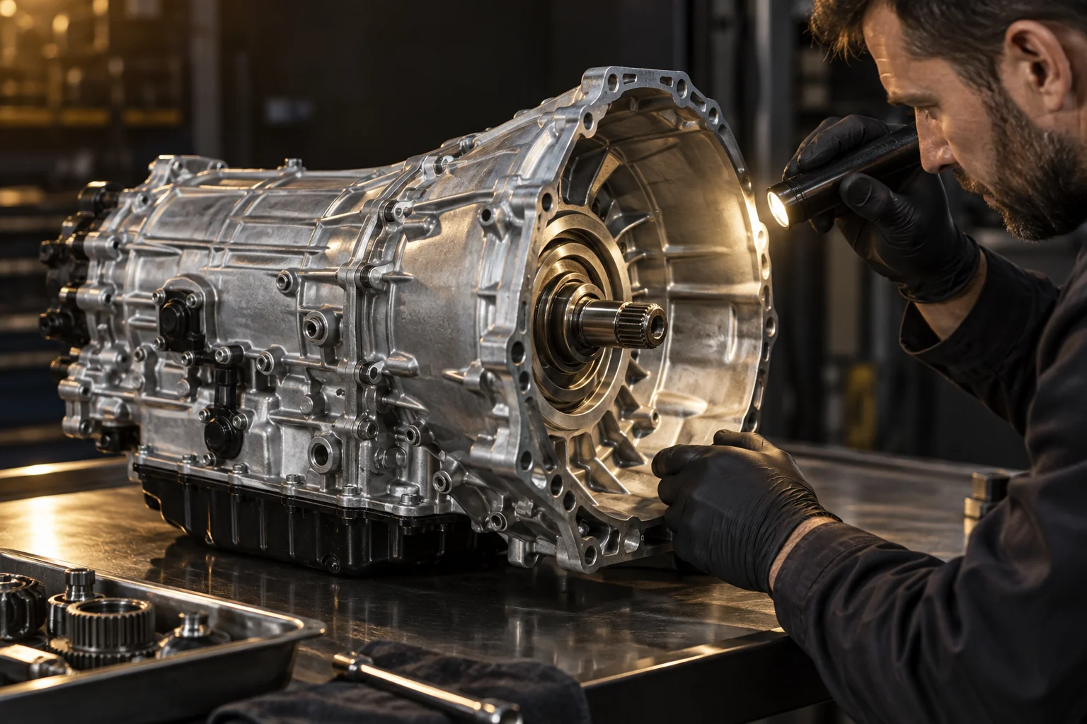 Technician inspecting an automatic transmission on a workbench
